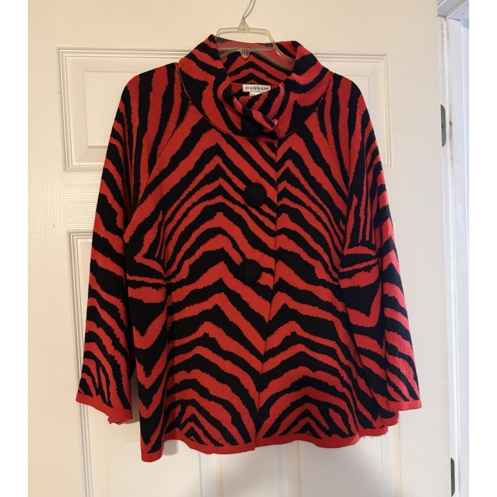 Hannah Red Black Zebra Animal Print Knit Cowl Neck Cardigan Sweater M